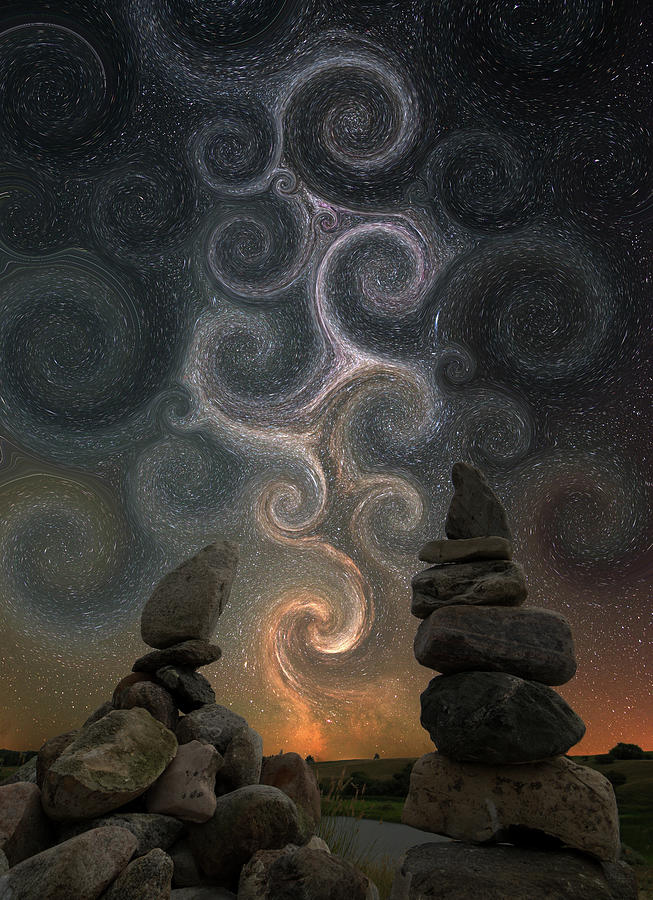 The Starry Night - Van Gogh conversion of Cosmic Cairns -  summer Milky Way above cairns on prairie Photograph by Peter Herman