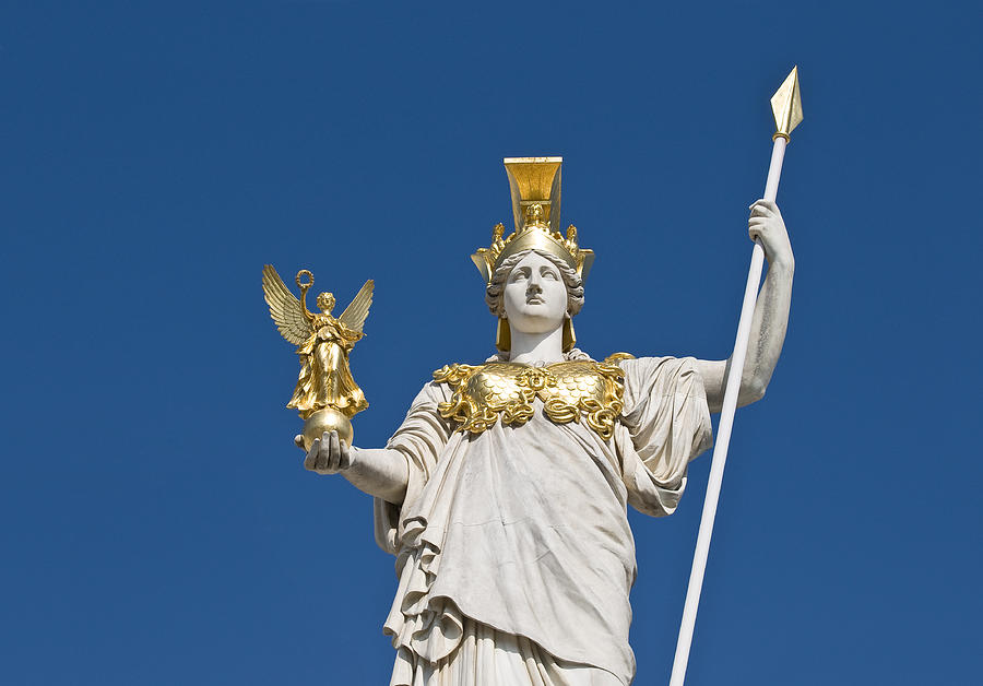 The statue of goddess Athena in front of the Austrian parliament in Vienna. Photograph by Leonsbox
