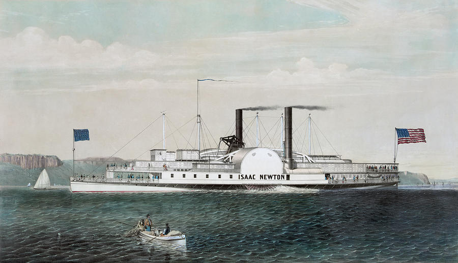 The Steamboat Isaac Newton Passing The Palisades On The Hudson River - Circa 1855 Drawing by War Is Hell Store