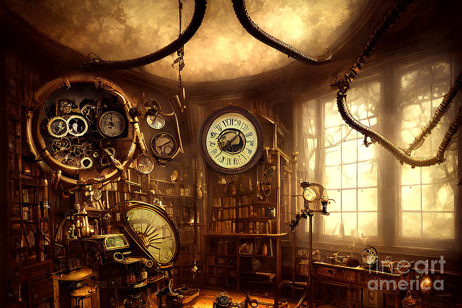 The Steampunk Study Room 20221011d Mixed Media by Wingsdomain Art and Photography