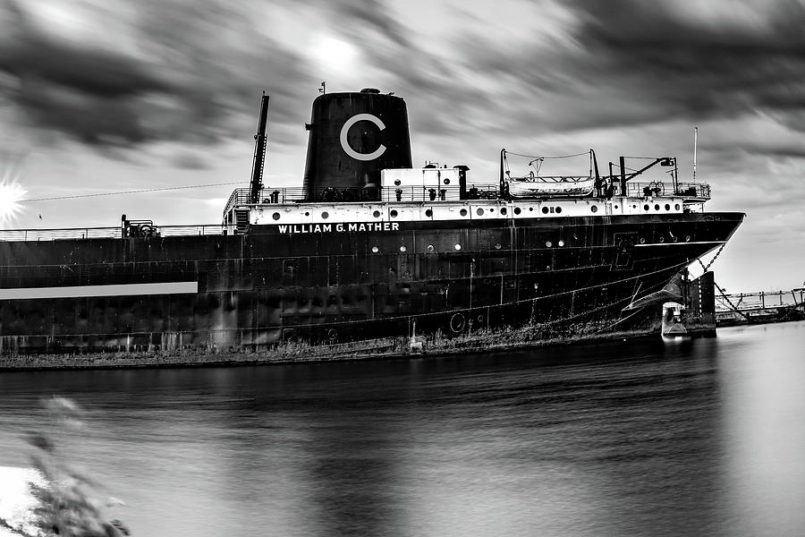 The Steamship William G. Mather In Black and White - Cleveland Ohio Photograph by Gregory Ballos