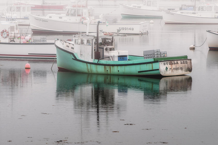 Stella Lee Nautical Art - Maine Lobster Boat in Foggy Bass Harbor Photograph by Photos by Thom