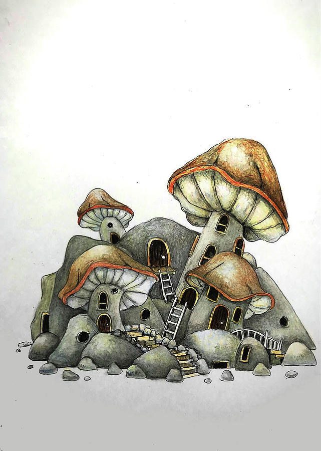 The stone mushroom house Drawing by Tim Ernst