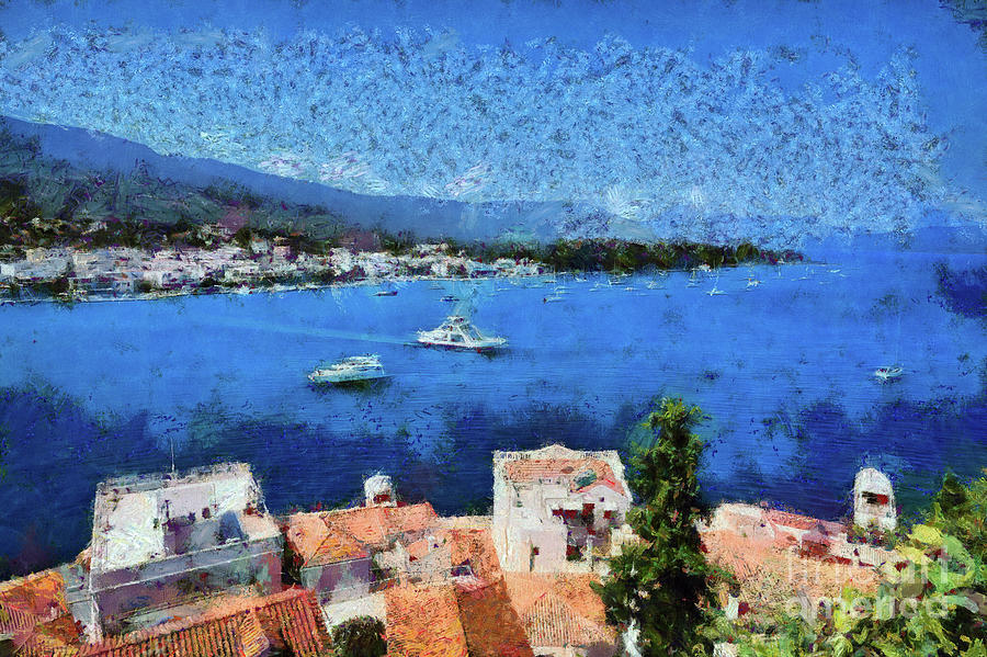 The strait of Poros and Galatas Painting by George Atsametakis