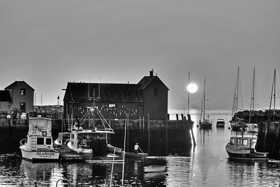 The sun rising by motif number 1 in Rockport MA Bearskin neck Black and White Photograph by Toby McGuire