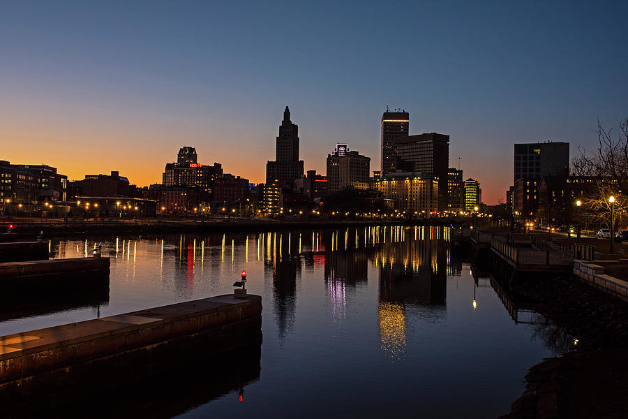 The sun sets on Providence Rhode Island from the PVD Pedestrian Bridge ...