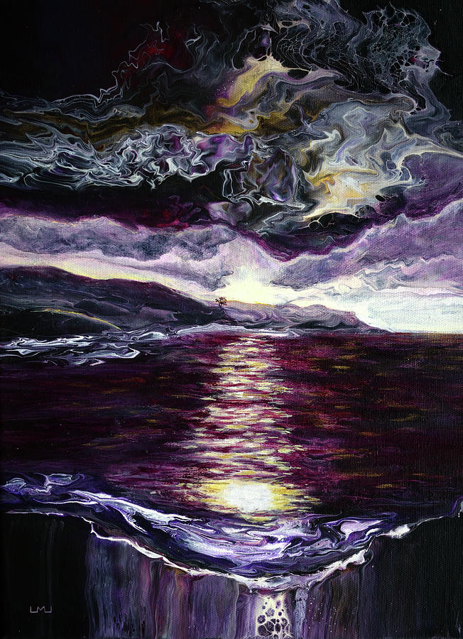 Sunset Painting - The Sun Setting over a Wine Red Sea by Laura Iverson