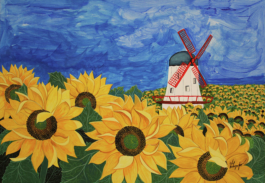 The sunflower carpet and the old mill Painting by Jleopold Jleopold
