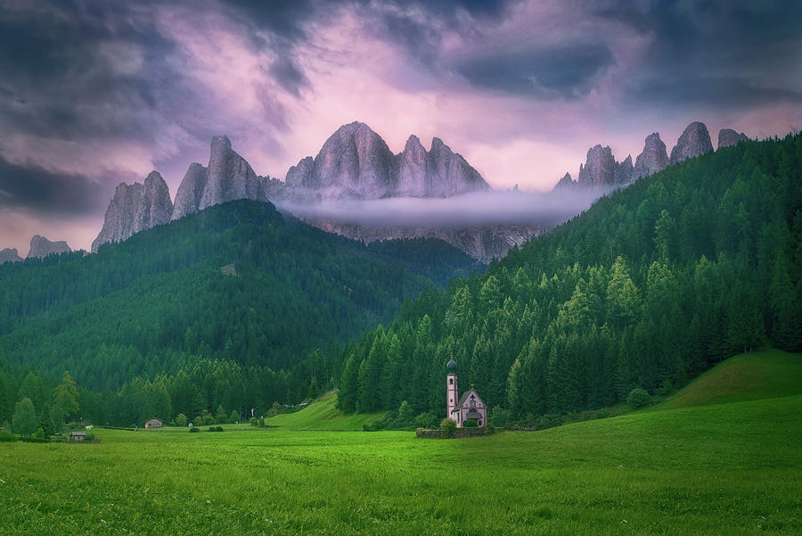 The Sunrise  on The Tiny Solitary Church in the Magnificent Dolomite Mountains Photograph by Celia Zhen