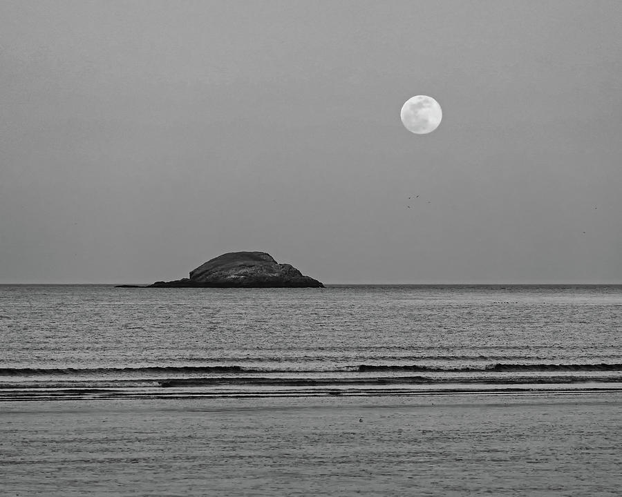 The Super Worm Moon 2019 over Egg Rock in Nahant MA Black and White Photograph by Toby McGuire