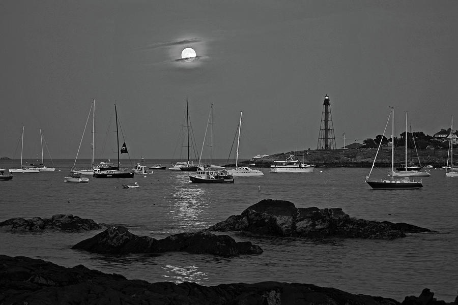 The Supermoon over Marblehead Harbor Black and White Photograph by Toby McGuire