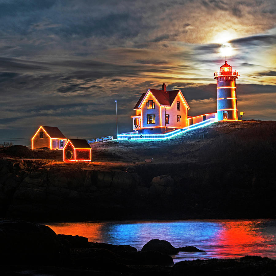 The supermoon rising over the Nubble Lighthouse York Maine Reflection Square Photograph by Toby McGuire