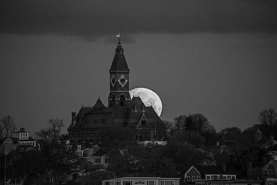The supermoon sets behind Abbot Hall in Marblehead Massachusetts Black and White Photograph by Toby McGuire