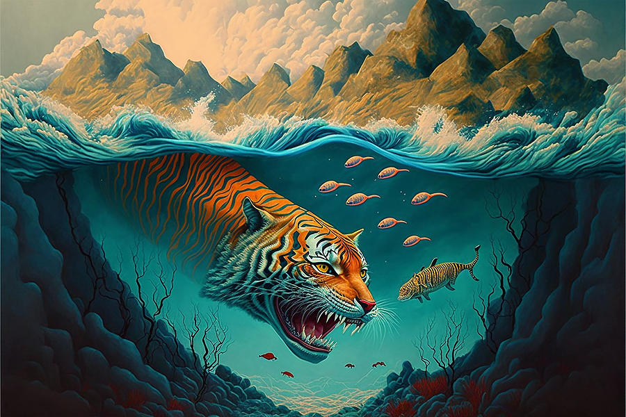 The Surreal Tiger and Fish A Dali-Inspired Hybrid Canvas Painting from ...