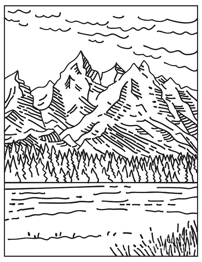 The Teton Range In Grand Teton National Park Located In Northwestern Wyoming United States Mono Line Or Monoline Black And White Line Art Digital Art