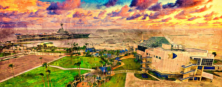 The Texas State Aquarium and USS Lexington Museum in Corpus Christi at sunset Digital Art by Nicko Prints