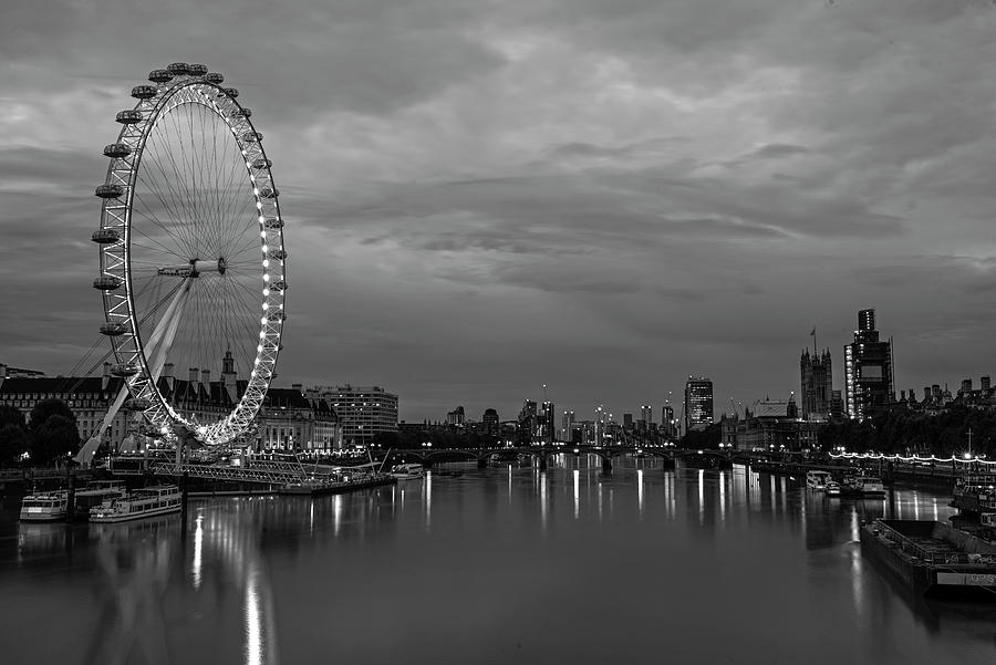 The Thames River London Eye England UK Dramatic Sky Black and White Photograph by Toby McGuire