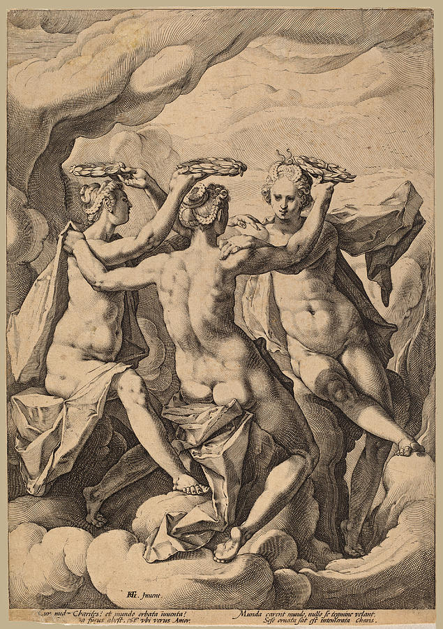 The Three Graces Drawing - The Three Graces by Jacob Matham