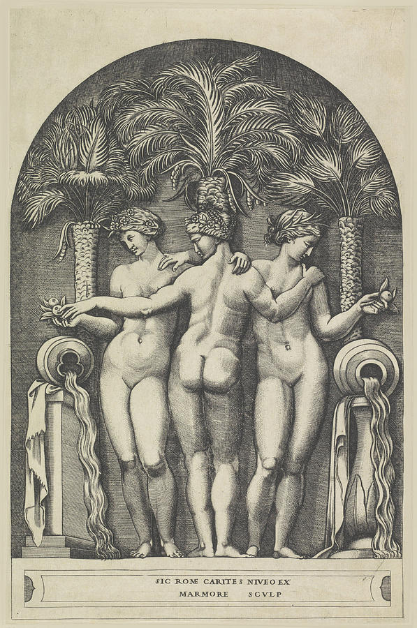 Marcantonio Raimondi Drawing - The Three Graces by Marcantonio Raimondi