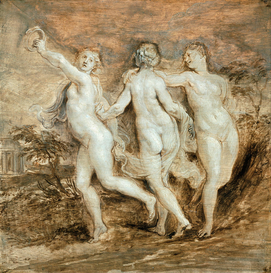 The Three Graces. Oil on panel, dated ca. 1636. Painting by Sir Peter Paul Rubens The Three Graces. Oil on panel, dated ca. 1636. Painting by Sir Peter Paul Rubens