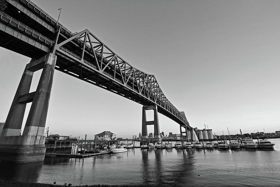 The Tobin Bridge Into the Sunset Chelsea Yacht Club Black and White Photograph by Toby McGuire