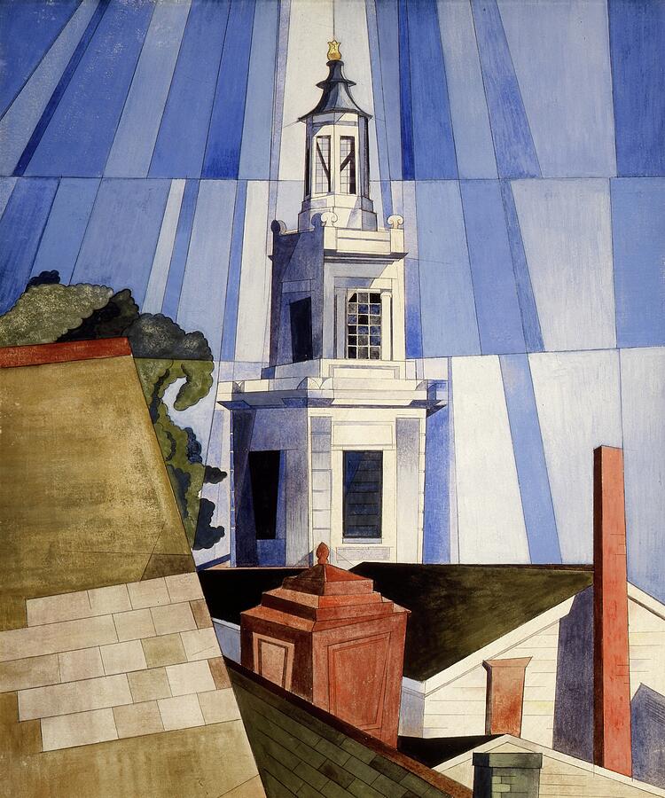 The Tower - Church tower with bells over the rooftops  Painting by Charles Demuth