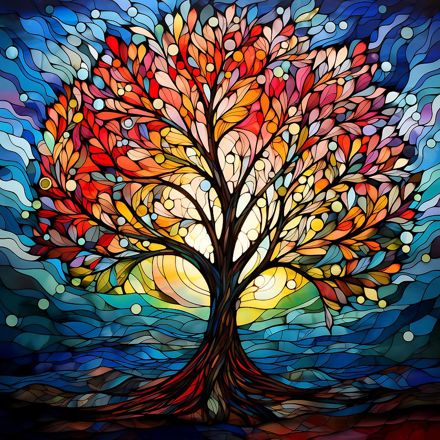 The Tree Of Life Is A Painting On Stained Glass, In The Style Of ...