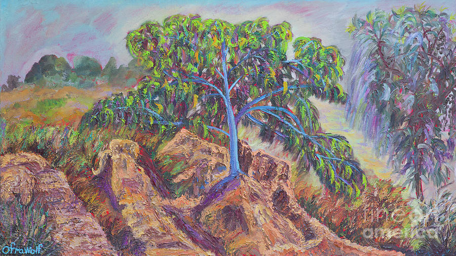 The tree that stands between the wadi channels Painting by Ofra Wolf