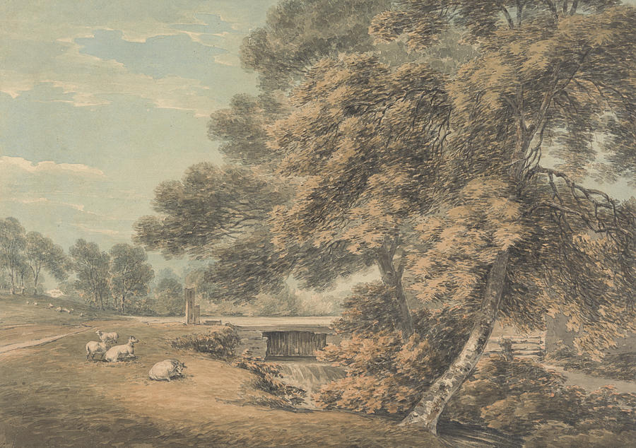 The Trees and River in the Park at Coleorton Hall, Leicestershire Drawing by Thomas Hearne