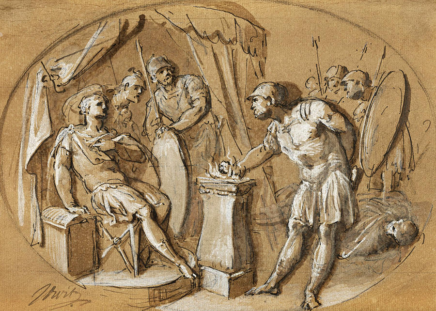The Trial by fire of Gaius Mucius Scaevola Drawing by Jacob de Wit