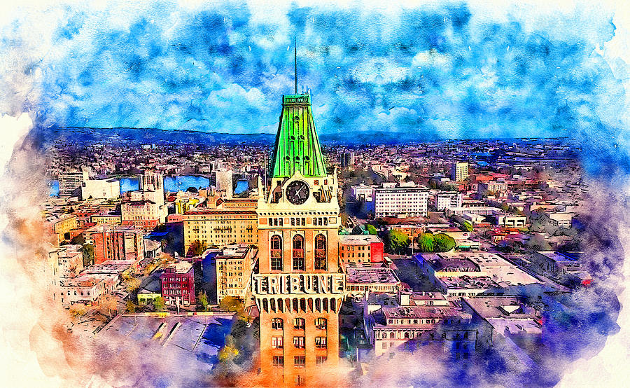 The Tribune Tower in Oakland - pen and watercolor Digital Art by Nicko Prints