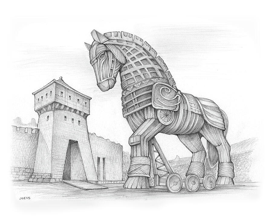 Historical Drawing - The Trojan Horse by Greg Joens Historical Drawing - The Trojan Horse by Greg Joens