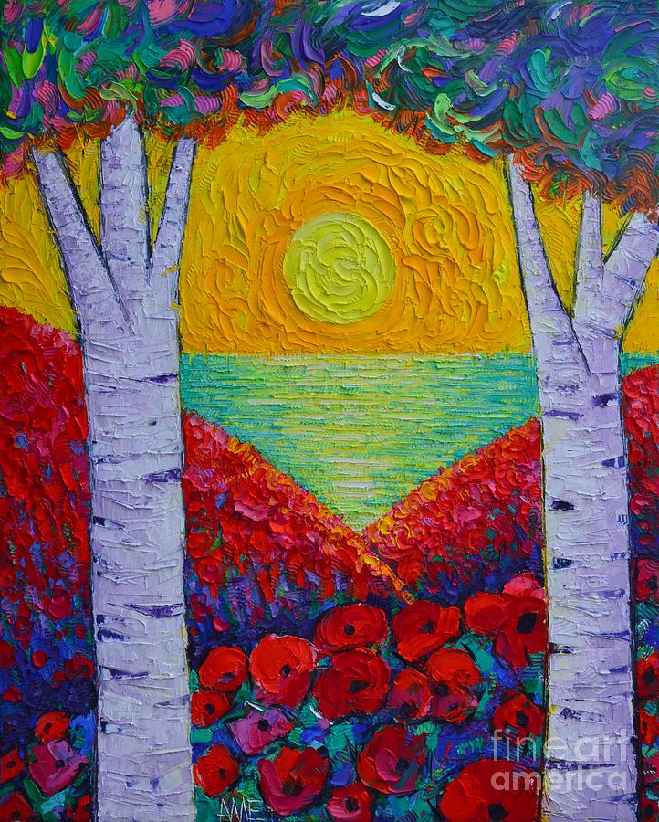 THE TWO OF US abstract landscape poppies and trees by the sea at sunrise by Ana Maria Edulescu Painting by Ana Maria Edulescu