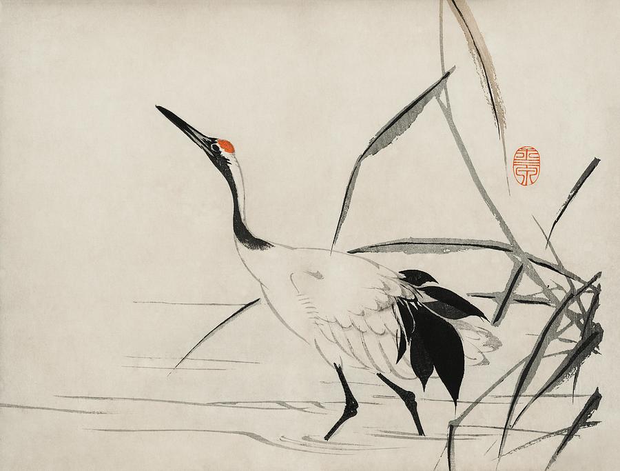Crane Painting - The ukiyo-e  of a Japanese crane by Mochizuki Gyokusen drawn in the year 1891 a traditional portrait by Les Classics