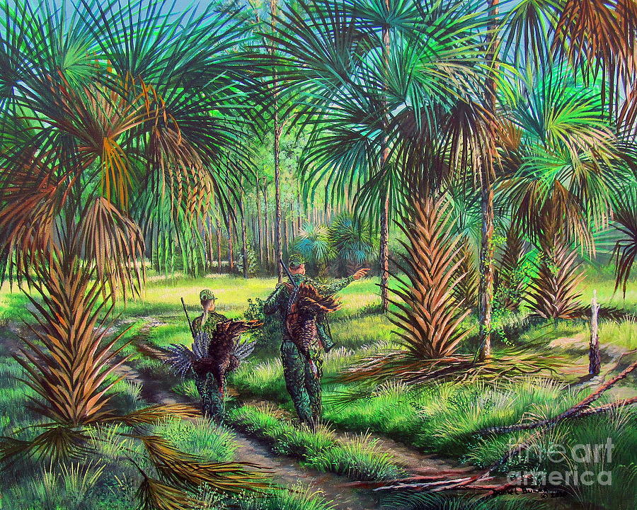 Florida Landscape Painting - The Unbeatable Combination- Father/daughter Turkey Hunters by Daniel Butler