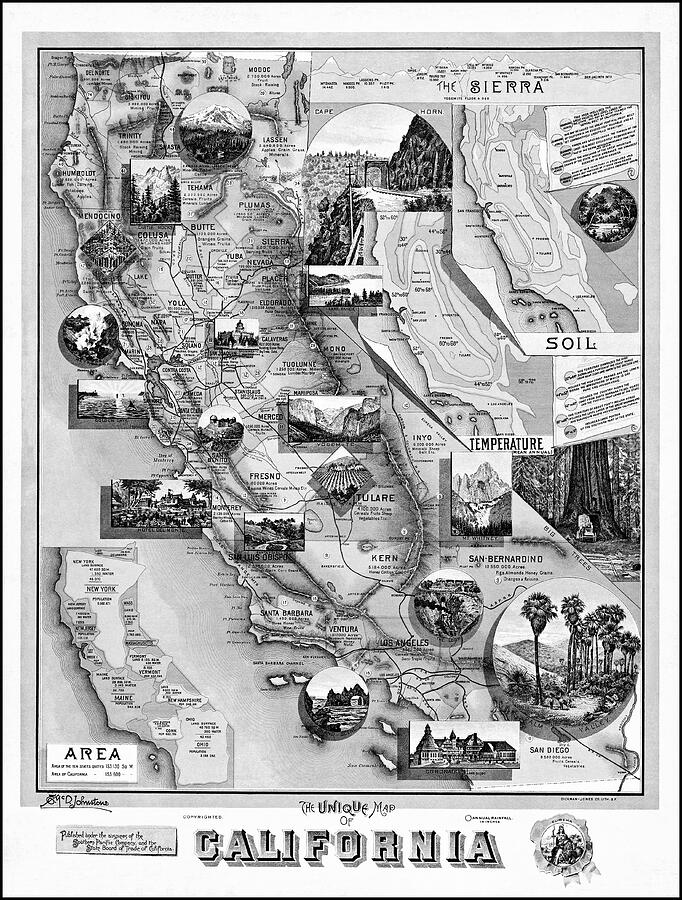 The Unique Map of California 1888 Black and White Photograph by Carol