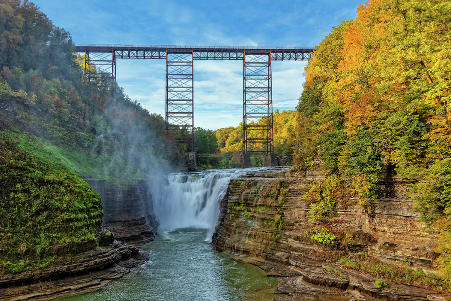 The Upper Falls And Railroad Trestle At Letchworth State Park Photograph by Jim Vallee