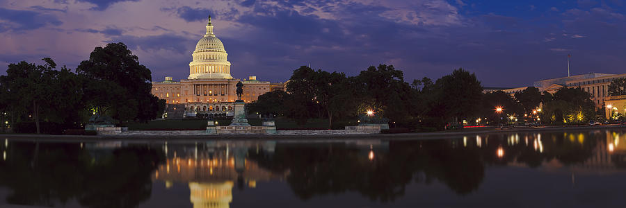 The U.S. Capitol Building in Washington, DC and Reflection Pool at Night Photograph by David Shvartsman