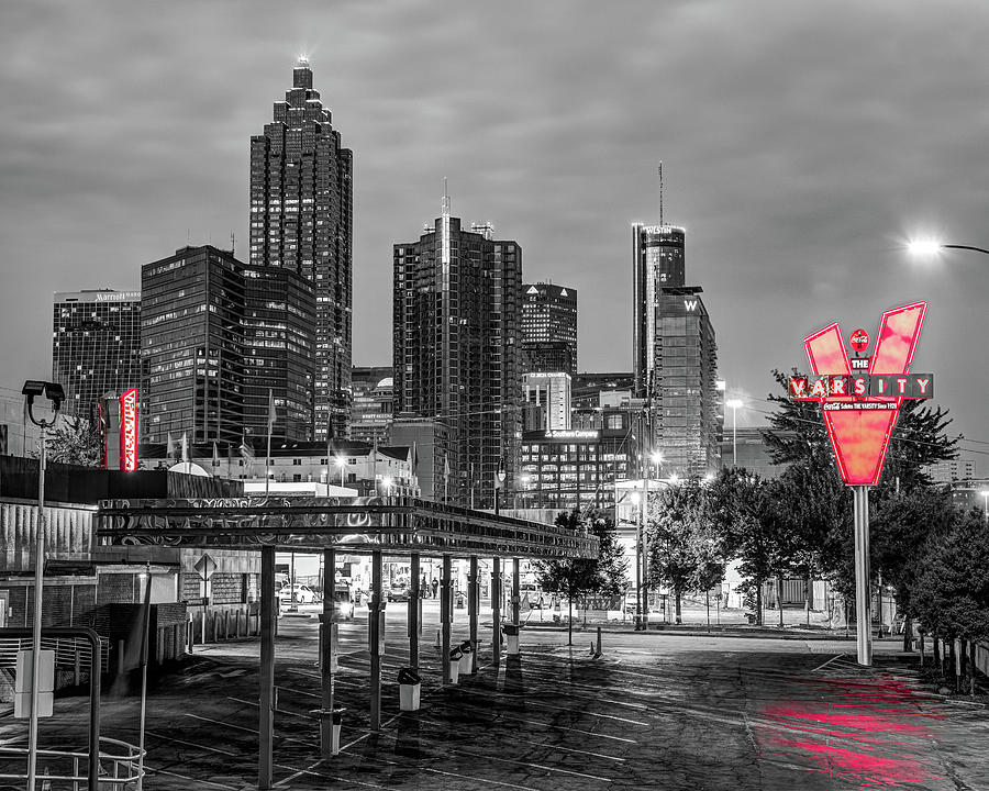 The Varsity Neon And Atlanta Skyline - Selective Color Photograph