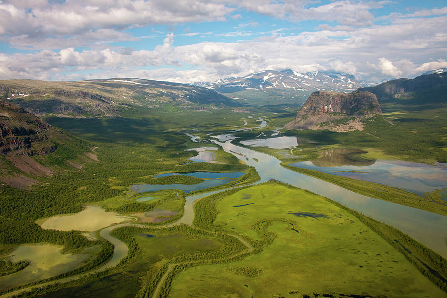 The view of Rapadalen valley from a helicopter, Swedish Lapland ...