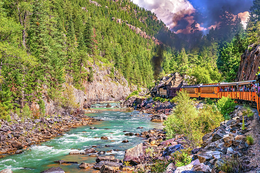 Landscape Photograph - The Vintage DSNG Train Chugging Along The Animas River by Gregory Ballos