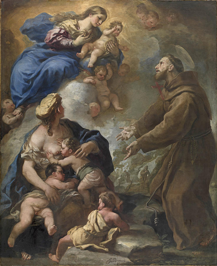 The Virgin and Child Appearing to Saint Francis of Assisi  Painting by Luca Giordano
