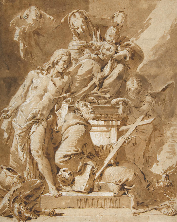 The Virgin and Child Enthroned with Saint Sebastian and a Franciscan Saint Drawing by Giovanni Battista Tiepolo