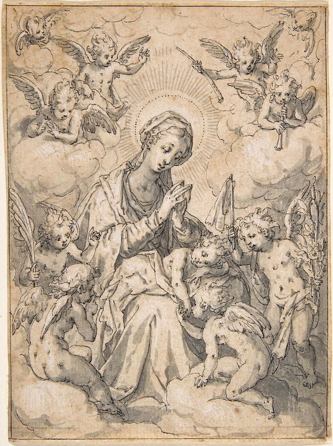 The Virgin and Child Surrounded by Little Angels in the Clouds Drawing by Friedrich Sustris