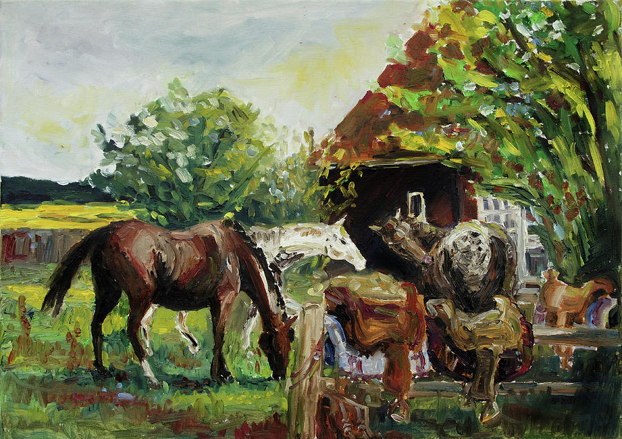 The Visit Of The Fellow Riders Painting by Barbara Pommerenke
