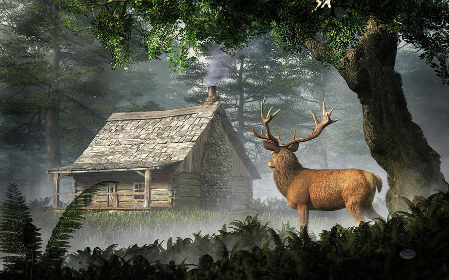 The Visitor - Red Deer and Cabin Digital Art by Daniel Eskridge