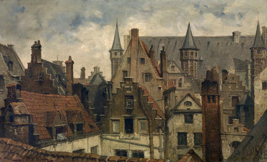 Landscape Drawing - The Vleeshuis Old Roofs and CrowStepped Gables by Henri Francois Schaefels