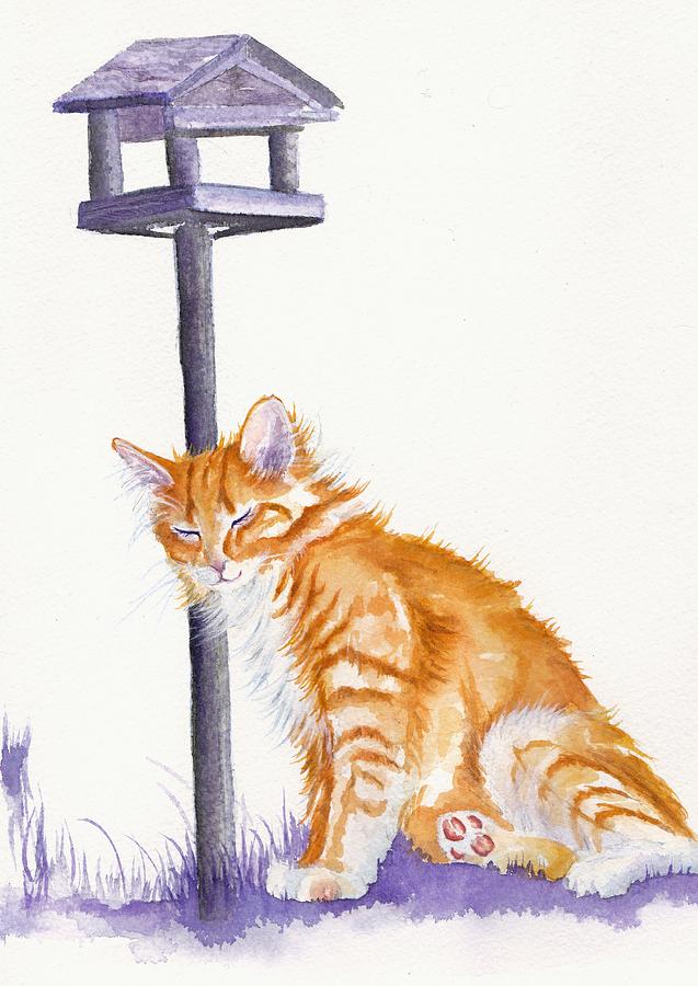 The Waiting - Game Ginger Cat and Bird Table Painting by Debra Hall