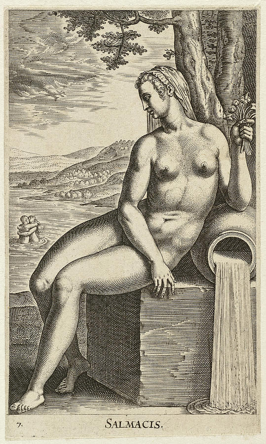 The water nymph Salmacis, seated on a stone block Drawing by Philip Galle