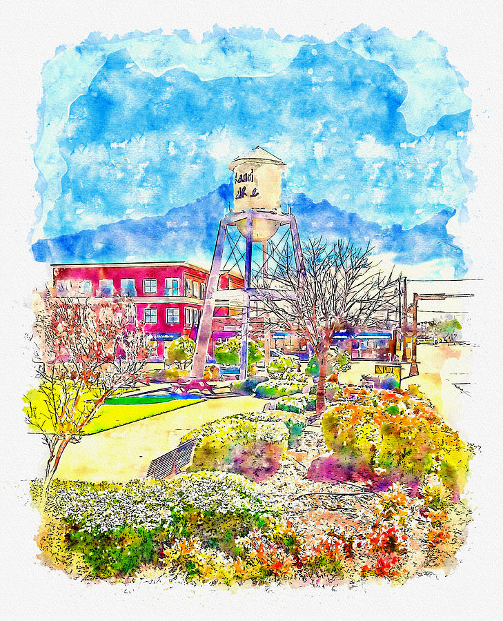 The Water tower in Market Square, Grand Prairie, Texas - pen sketch and watercolor Digital Art by Nicko Prints
